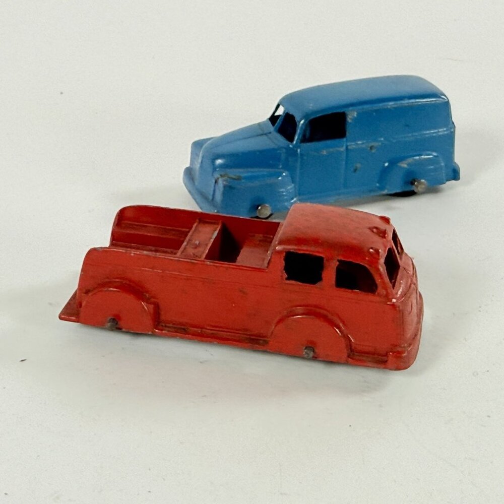 Vintage Tootsie Diecast Red Fire Truck & Blue Delivery Truck Diecast 1950s-1960s